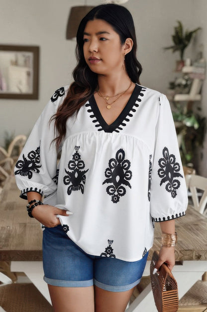 Plus V Neck Geo Print Puff Sleeve Blouse - ZumBuys