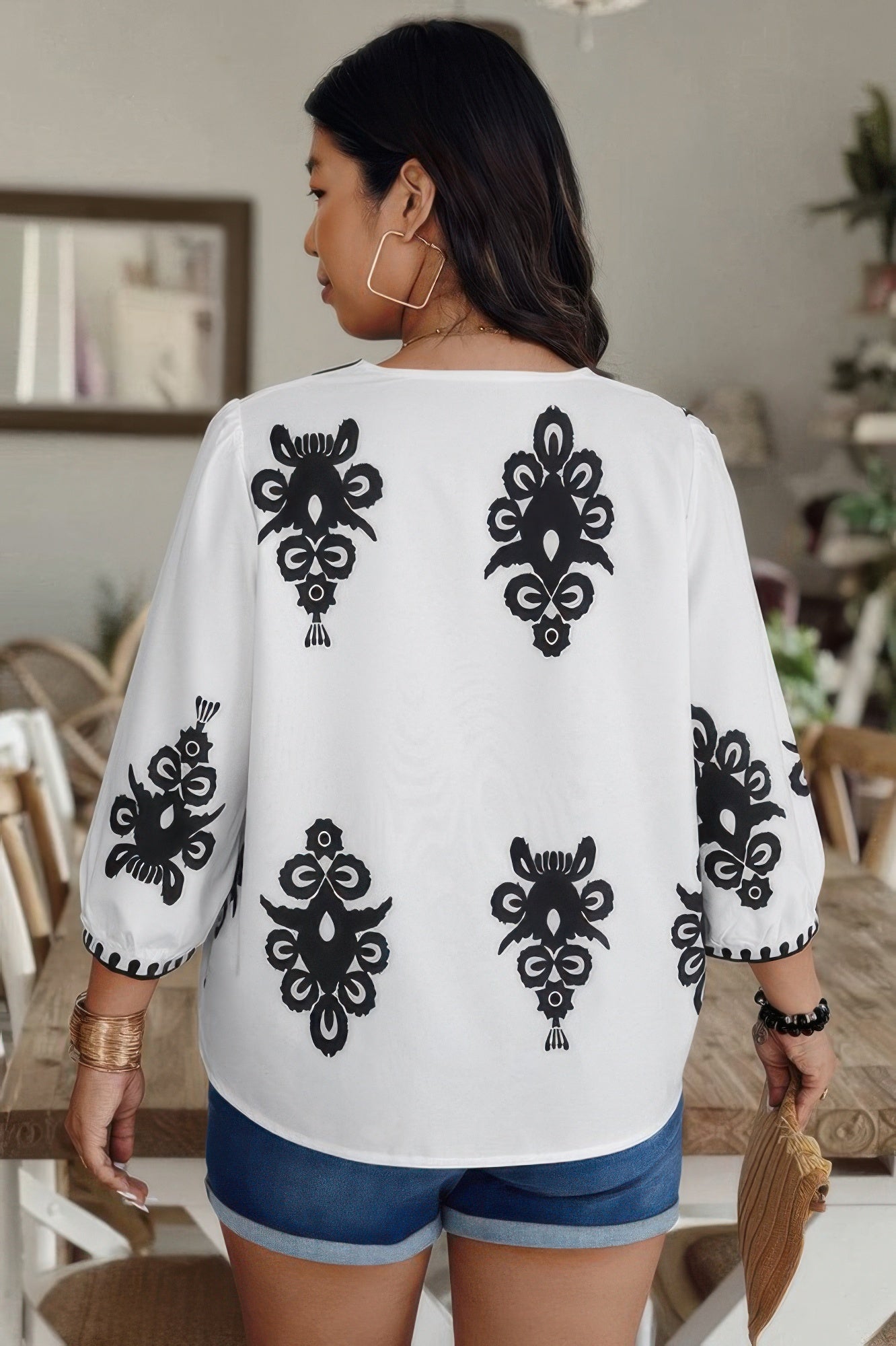 Plus V Neck Geo Print Puff Sleeve Blouse - ZumBuys