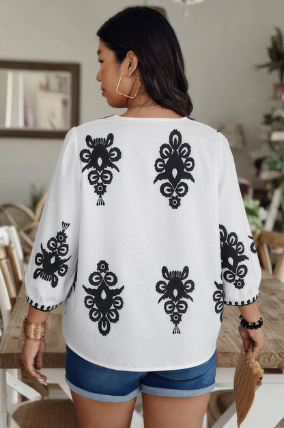 Plus V Neck Geo Print Puff Sleeve Blouse - ZumBuys