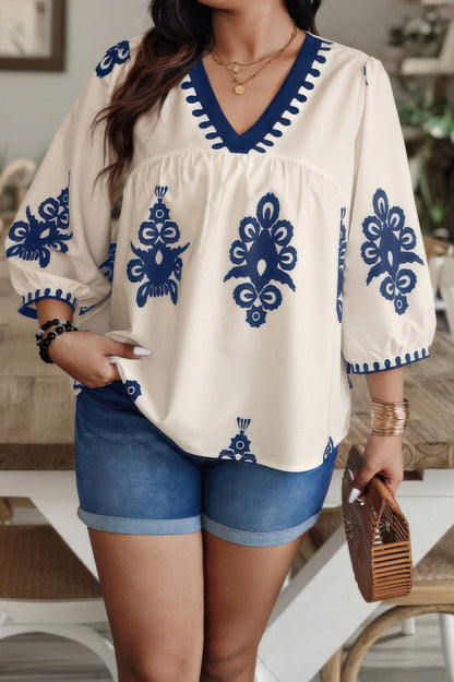 Plus V Neck Geo Print Puff Sleeve Blouse - ZumBuys