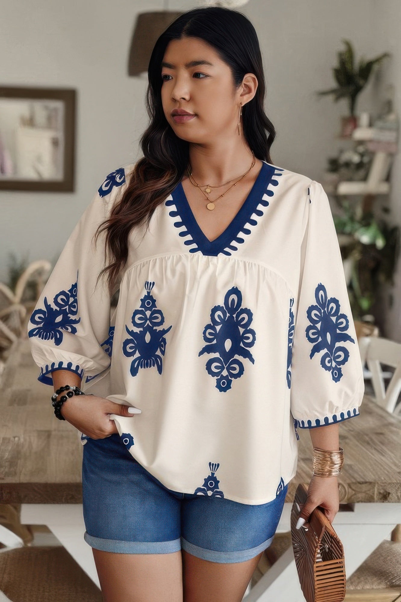 Plus V Neck Geo Print Puff Sleeve Blouse - ZumBuys