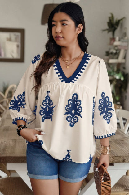 Plus V Neck Geo Print Puff Sleeve Blouse - ZumBuys