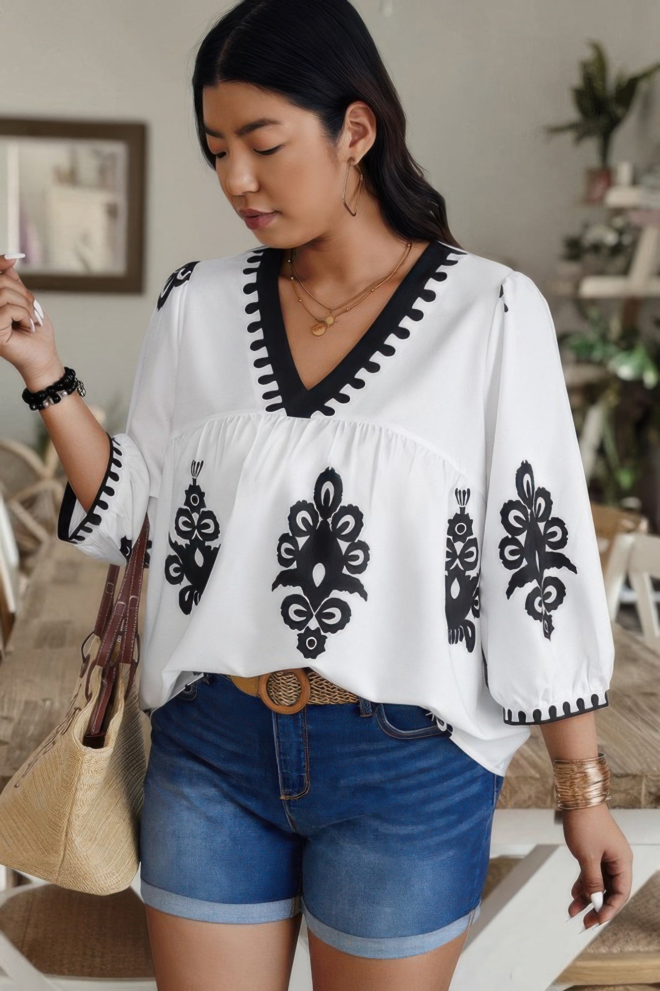 Plus V Neck Geo Print Puff Sleeve Blouse - ZumBuys