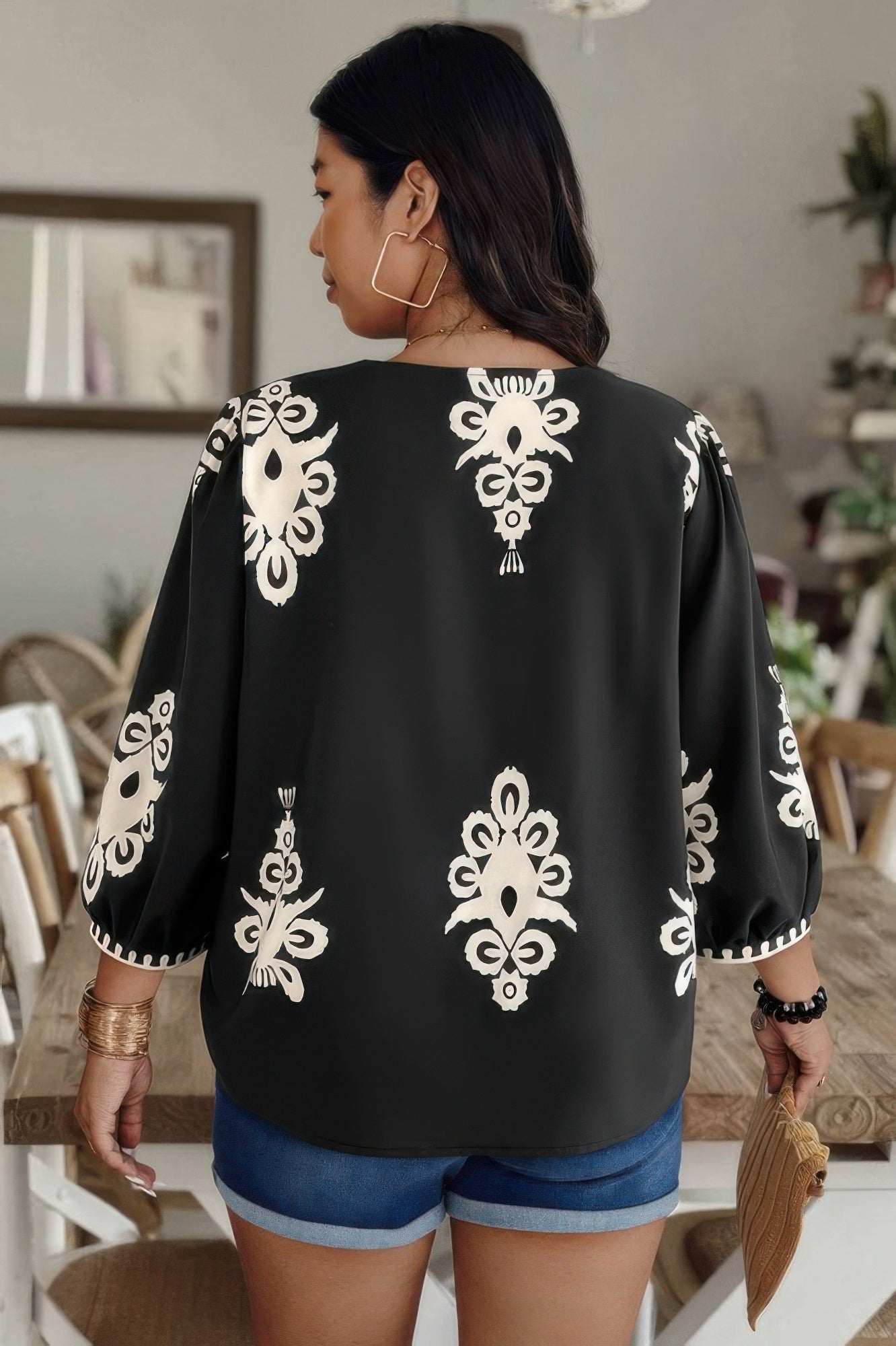 Plus V Neck Geo Print Puff Sleeve Blouse - ZumBuys