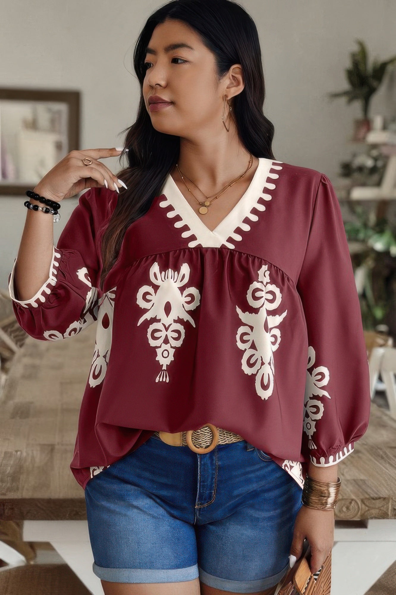 Plus V Neck Geo Print Puff Sleeve Blouse - ZumBuys