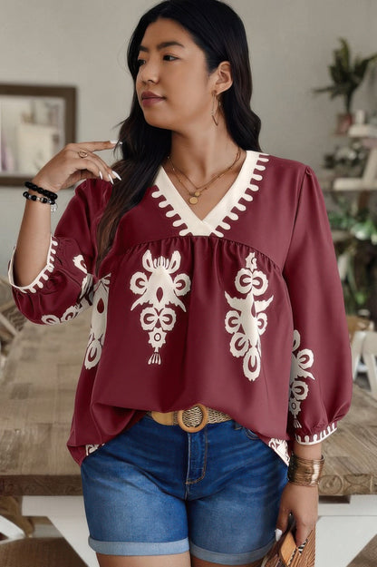 Plus V Neck Geo Print Puff Sleeve Blouse - ZumBuys