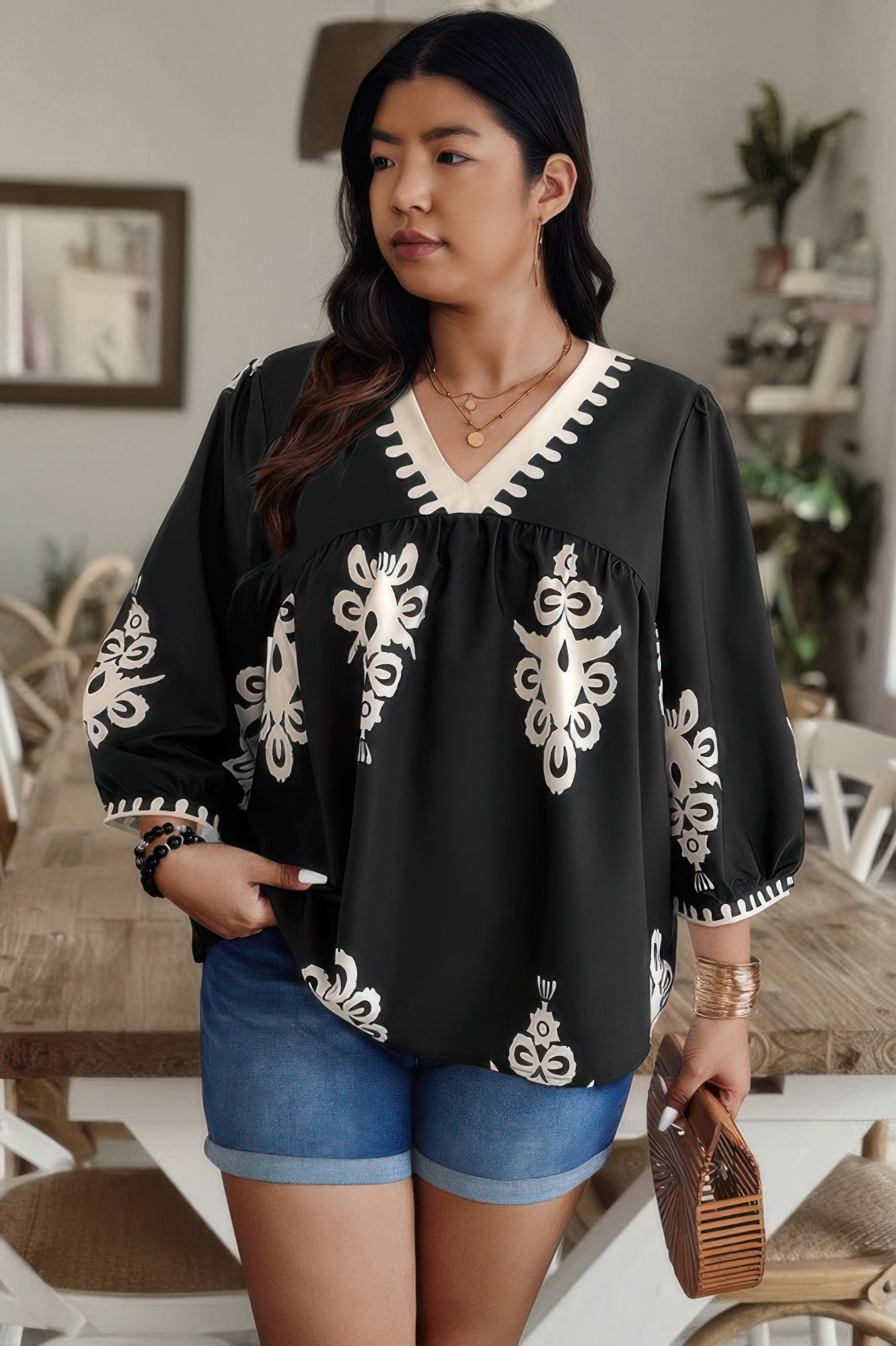 Plus V Neck Geo Print Puff Sleeve Blouse - ZumBuys