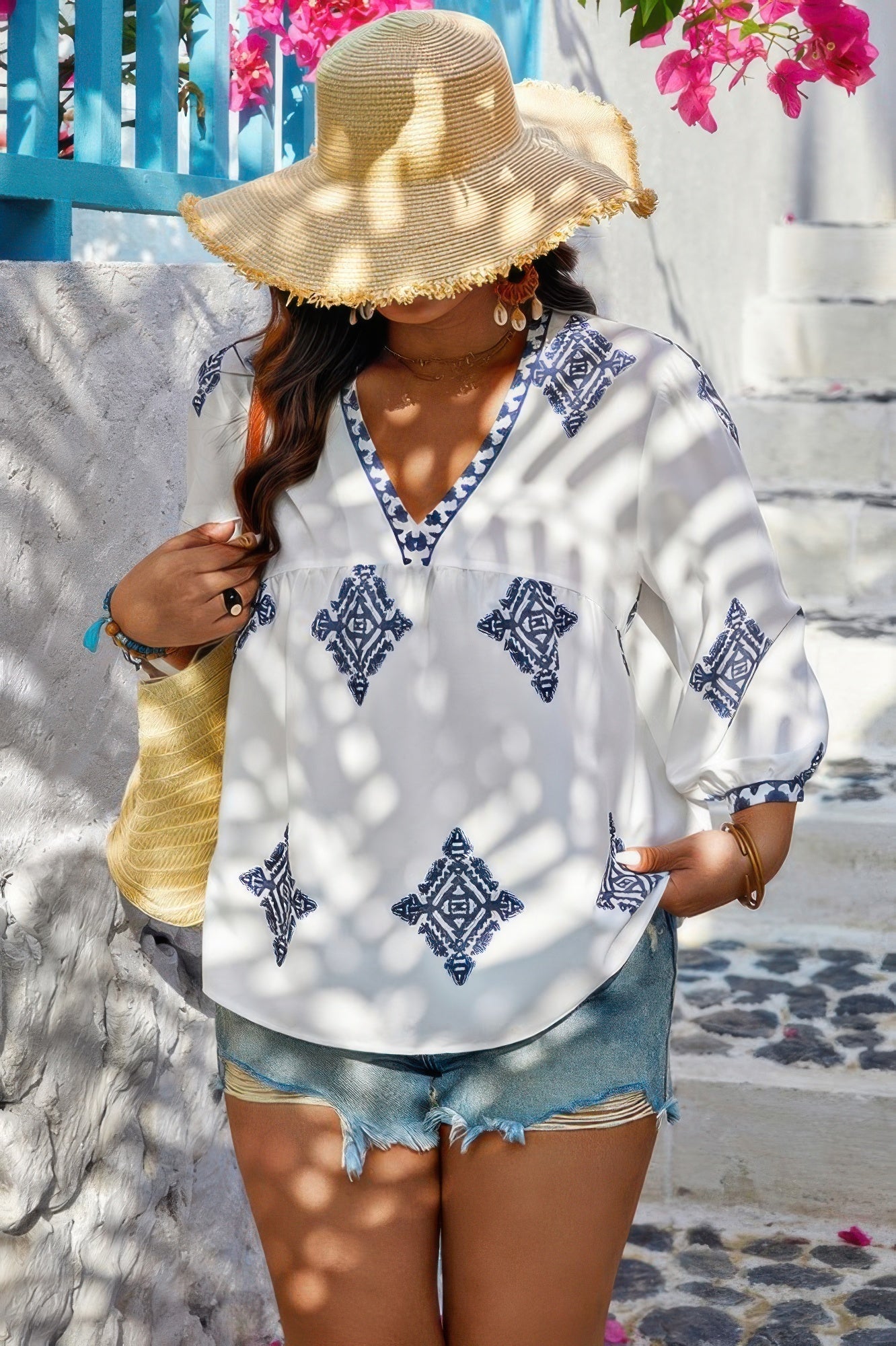 Plus V Neck Geometric Printed Embroidered Peplum Shirt - ZumBuys