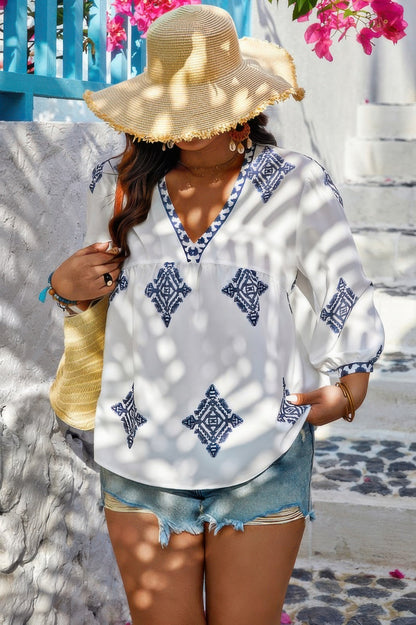 Plus V Neck Geometric Printed Embroidered Peplum Shirt - ZumBuys