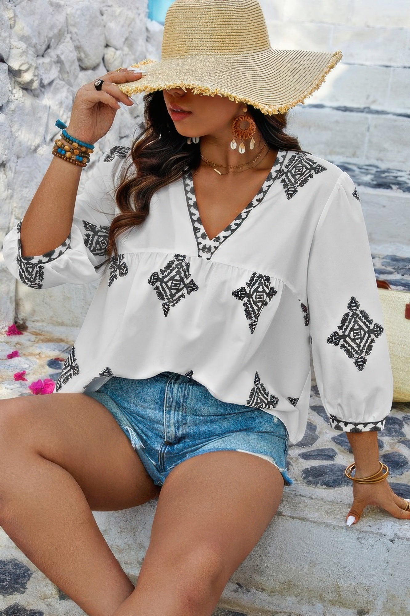 Plus V Neck Geometric Printed Embroidered Peplum Shirt - ZumBuys
