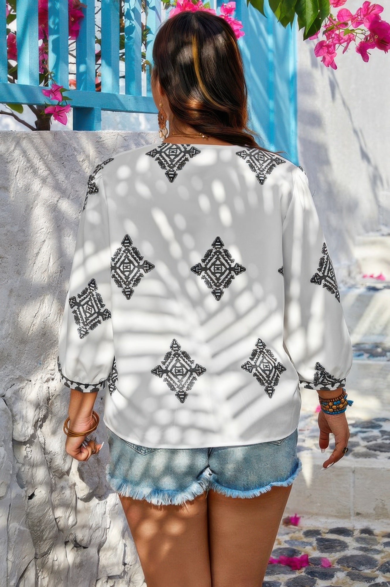 Plus V Neck Geometric Printed Embroidered Peplum Shirt - ZumBuys