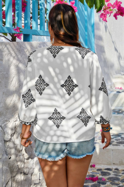 Plus V Neck Geometric Printed Embroidered Peplum Shirt - ZumBuys