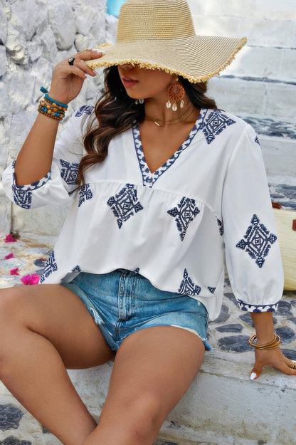 Plus V Neck Geometric Printed Embroidered Peplum Shirt - ZumBuys
