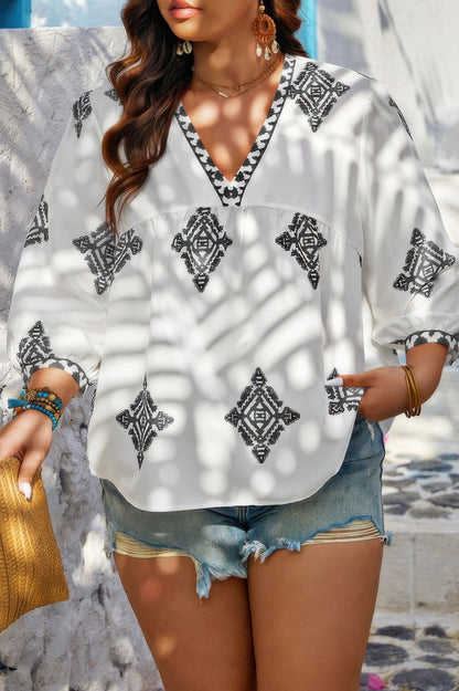 Plus V Neck Geometric Printed Embroidered Peplum Shirt - ZumBuys