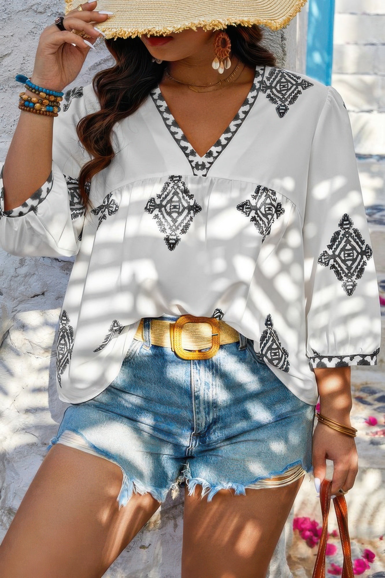 Plus V Neck Geometric Printed Embroidered Peplum Shirt - ZumBuys