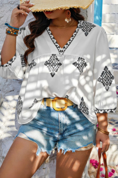 Plus V Neck Geometric Printed Embroidered Peplum Shirt - ZumBuys