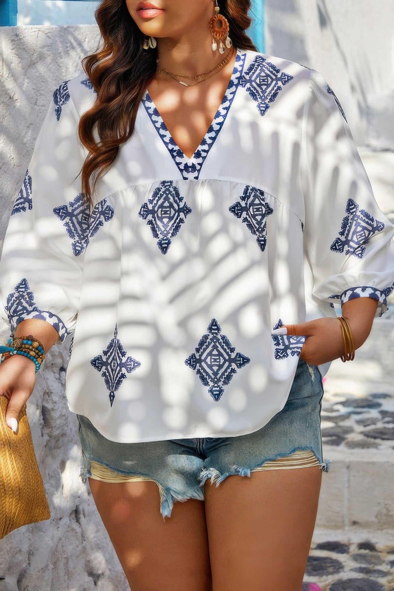 Plus V Neck Geometric Printed Embroidered Peplum Shirt - ZumBuys