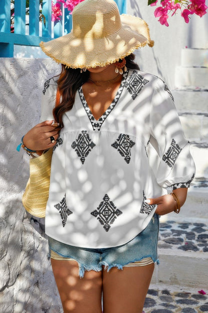 Plus V Neck Geometric Printed Embroidered Peplum Shirt - ZumBuys