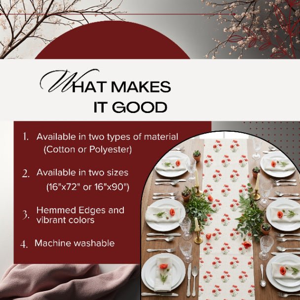 Poppy Table Runner – Red Floral Farmhouse Table Decor (16x72 or 16x90) - ZumBuys