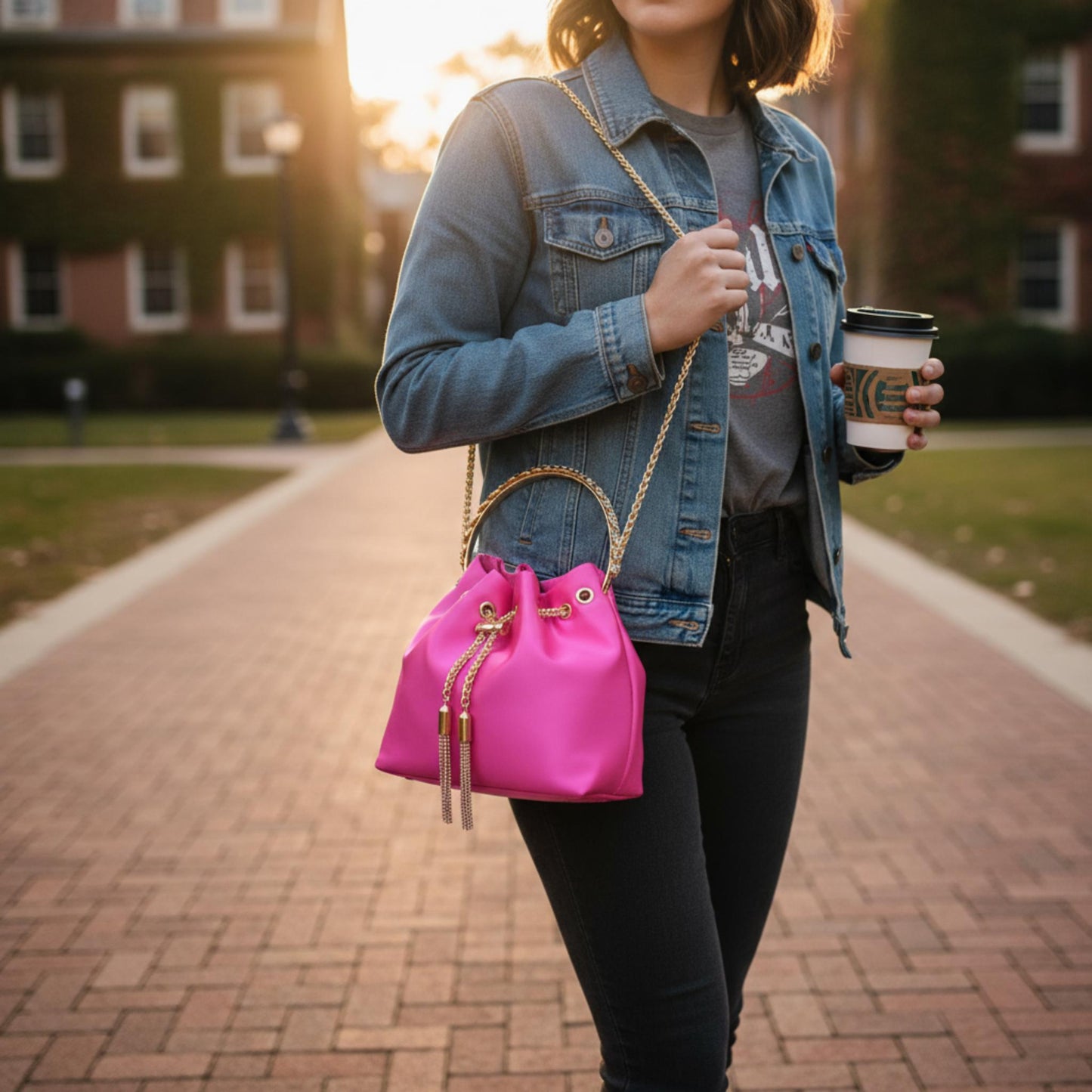 Rhinestone Top Handle Satin Bucket Bag - ZumBuys