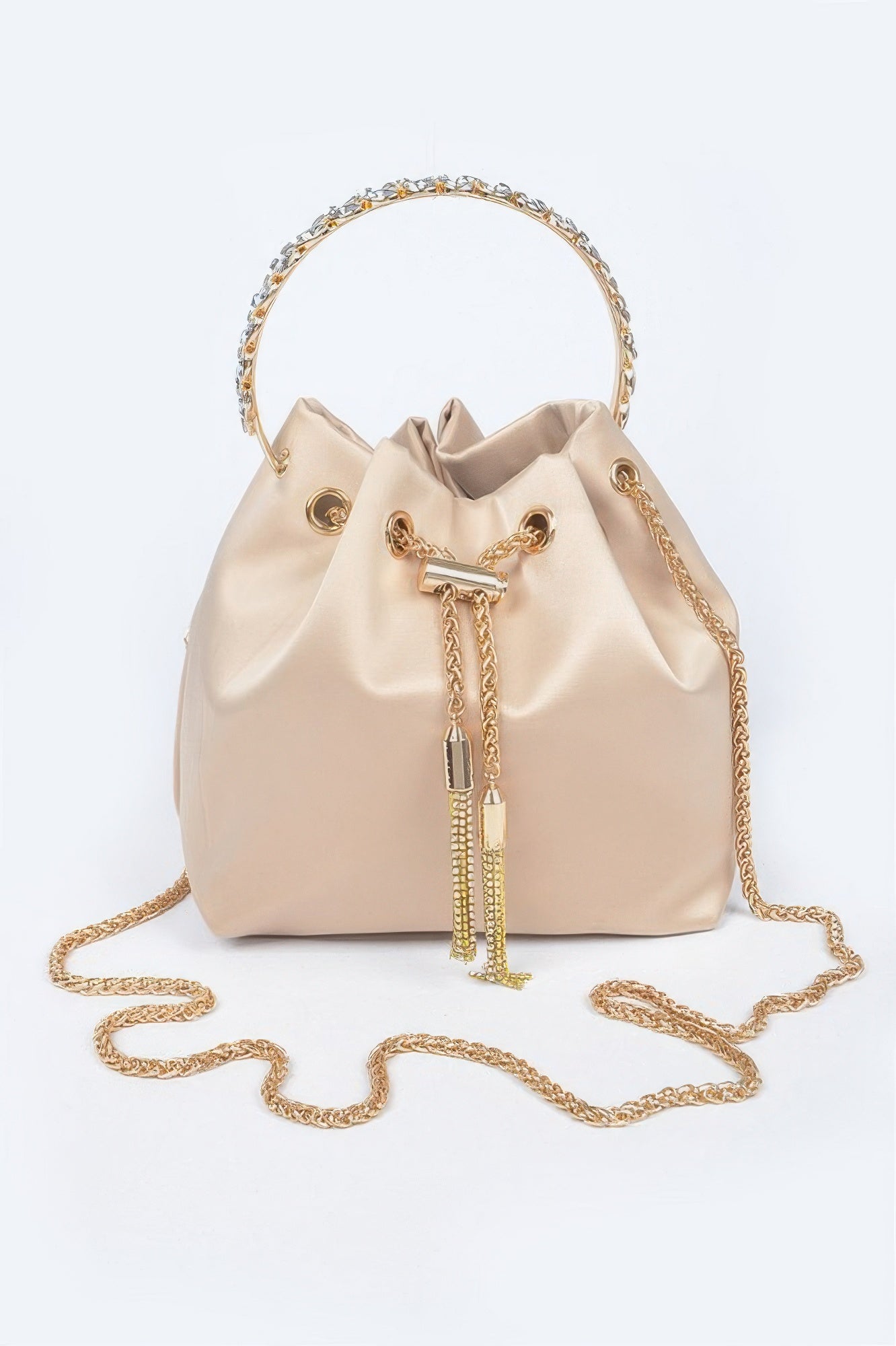 Rhinestone Top Handle Satin Bucket Bag - ZumBuys