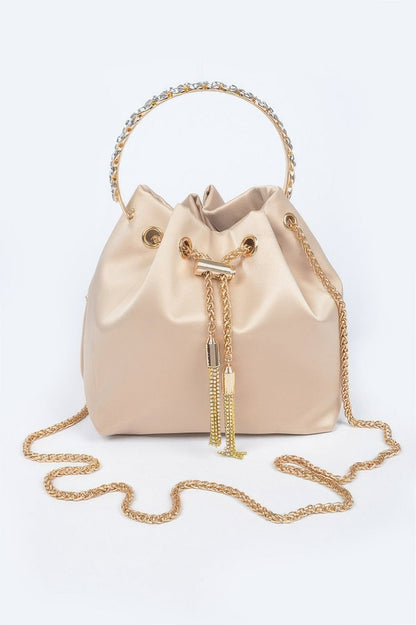 Rhinestone Top Handle Satin Bucket Bag - ZumBuys