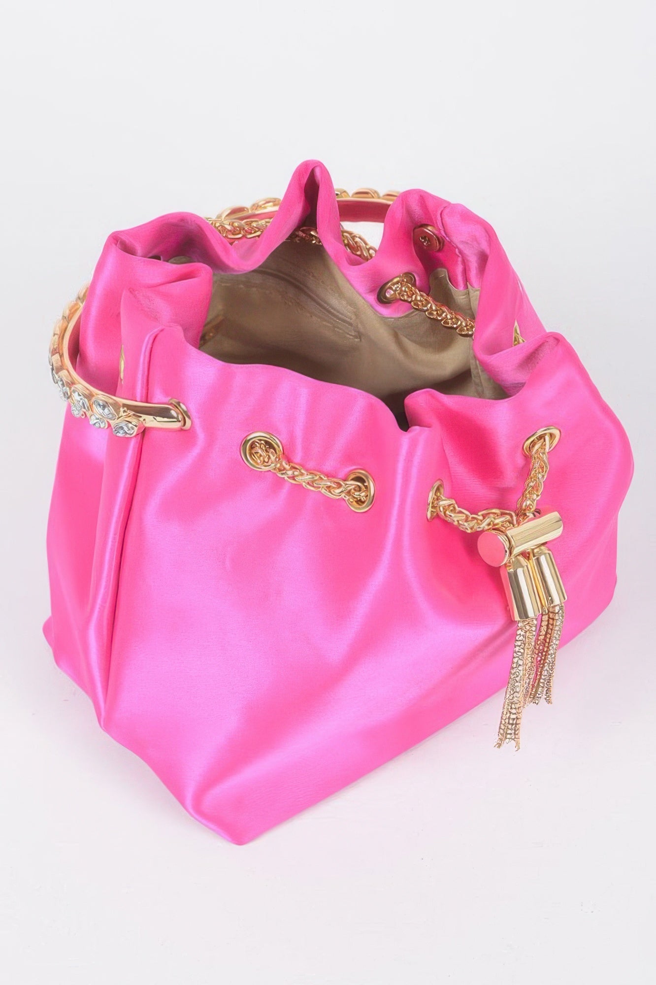 Rhinestone Top Handle Satin Bucket Bag - ZumBuys