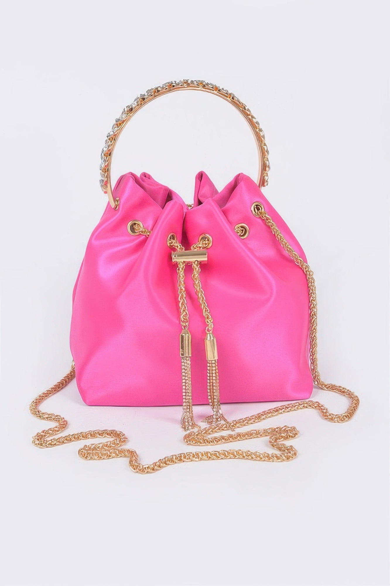 Rhinestone Top Handle Satin Bucket Bag - ZumBuys