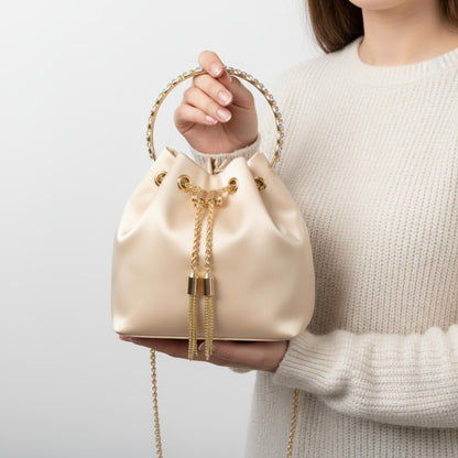Rhinestone Top Handle Satin Bucket Bag - ZumBuys
