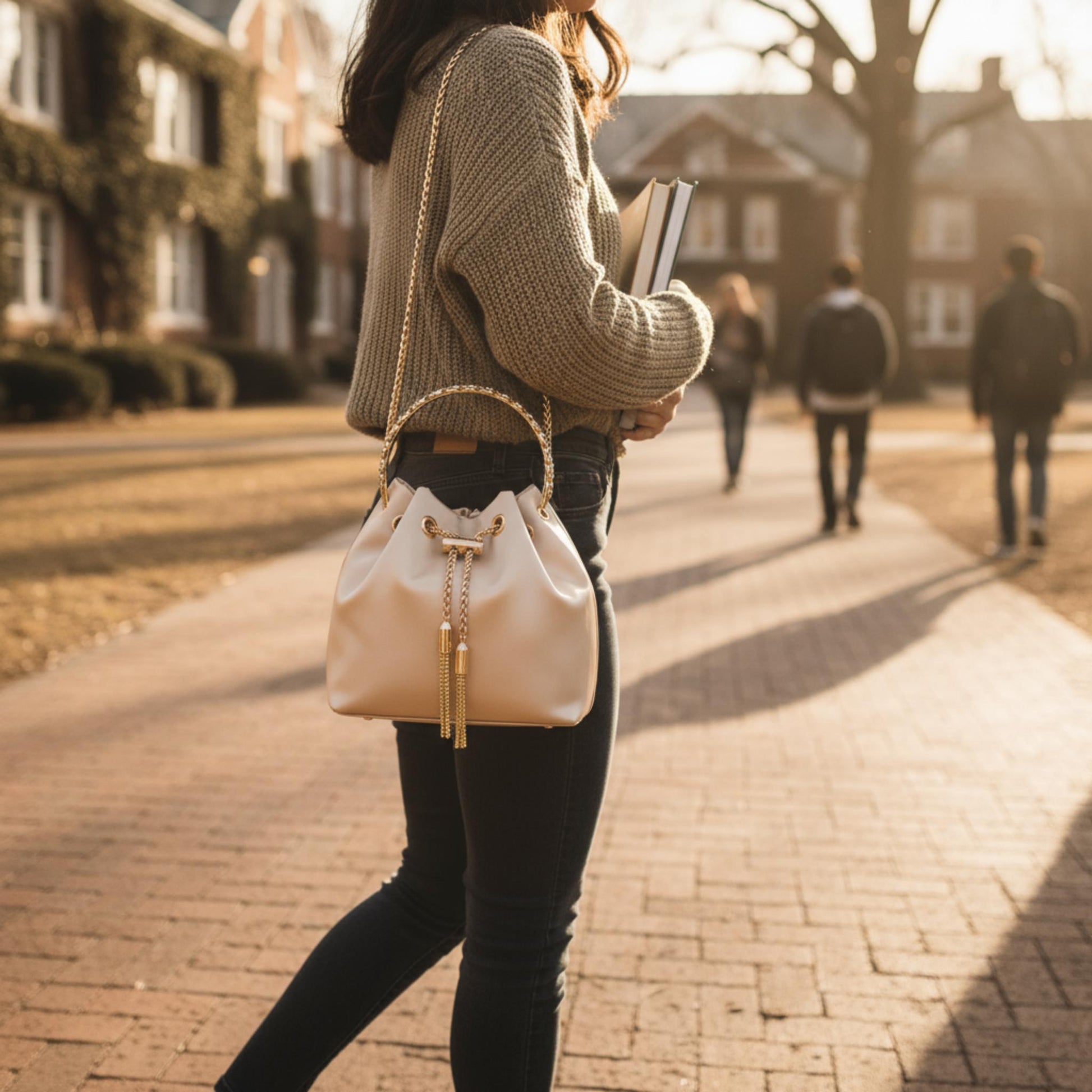 Rhinestone Top Handle Satin Bucket Bag - ZumBuys