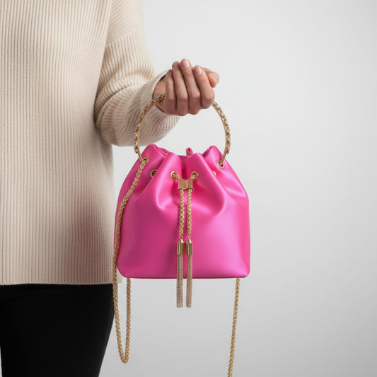 Rhinestone Top Handle Satin Bucket Bag - ZumBuys