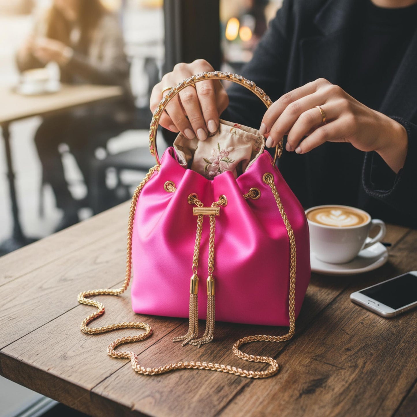 Rhinestone Top Handle Satin Bucket Bag - ZumBuys
