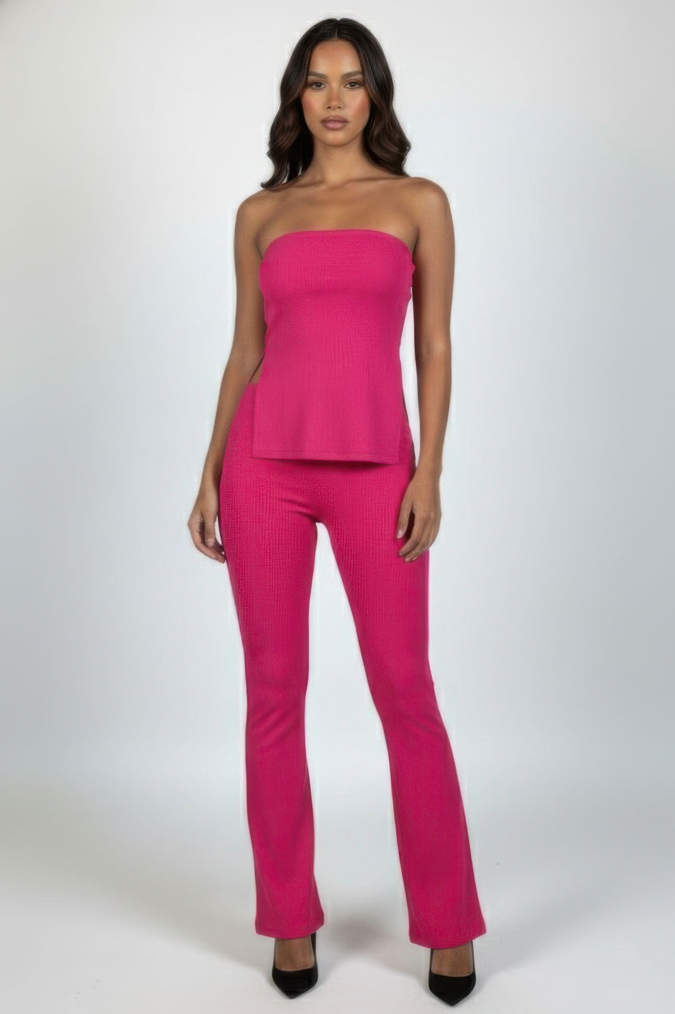 Ribbed Slit Tube Top & High - waist Flare Pants Set - ZumBuys