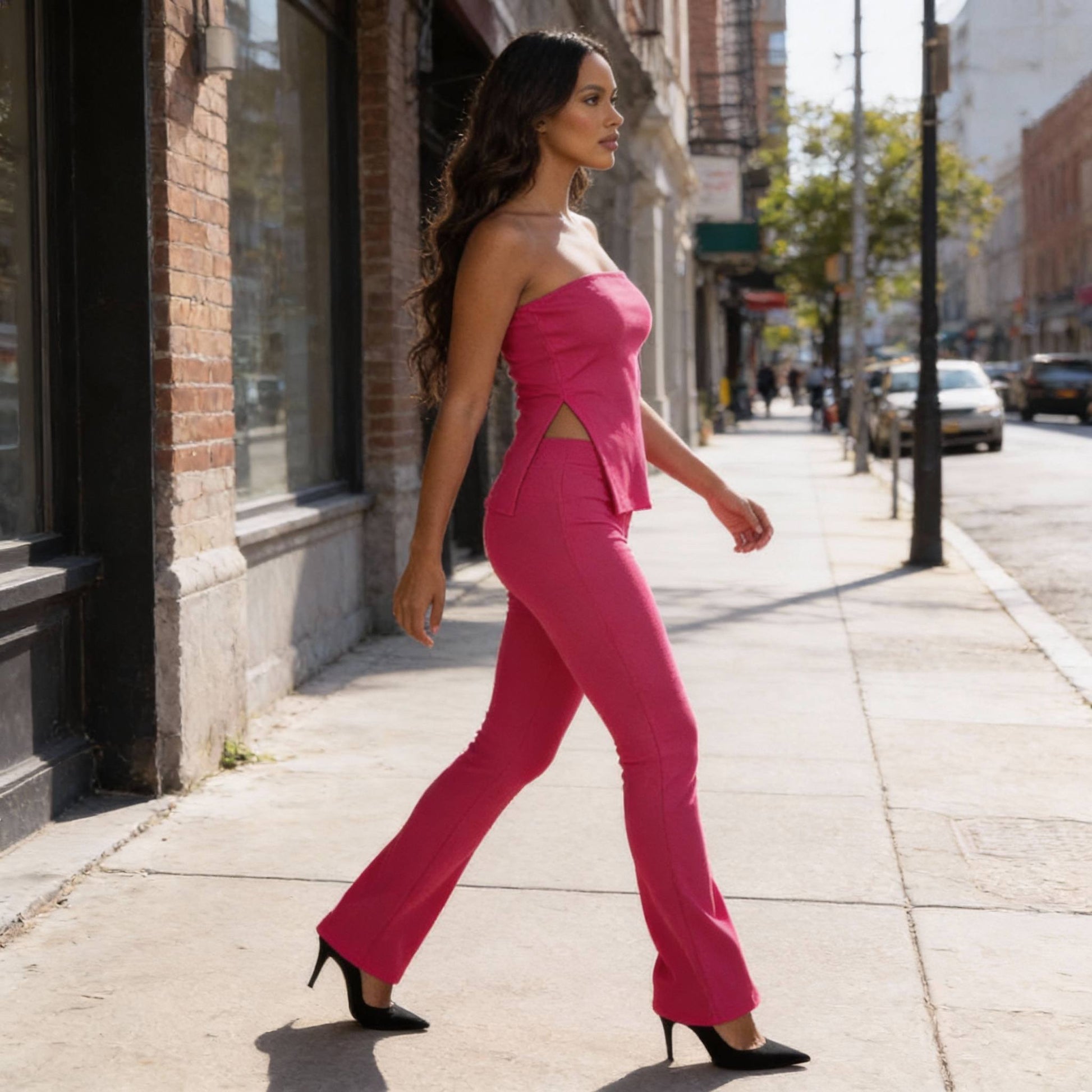 Ribbed Slit Tube Top & High - waist Flare Pants Set - ZumBuys