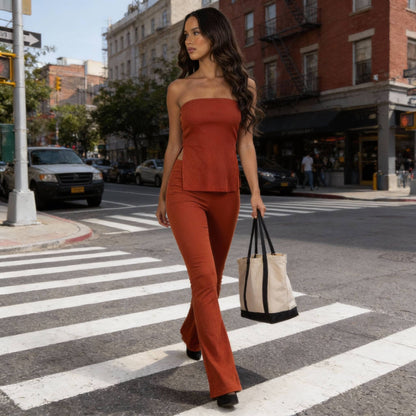 Ribbed Slit Tube Top & High - waist Flare Pants Set - ZumBuys