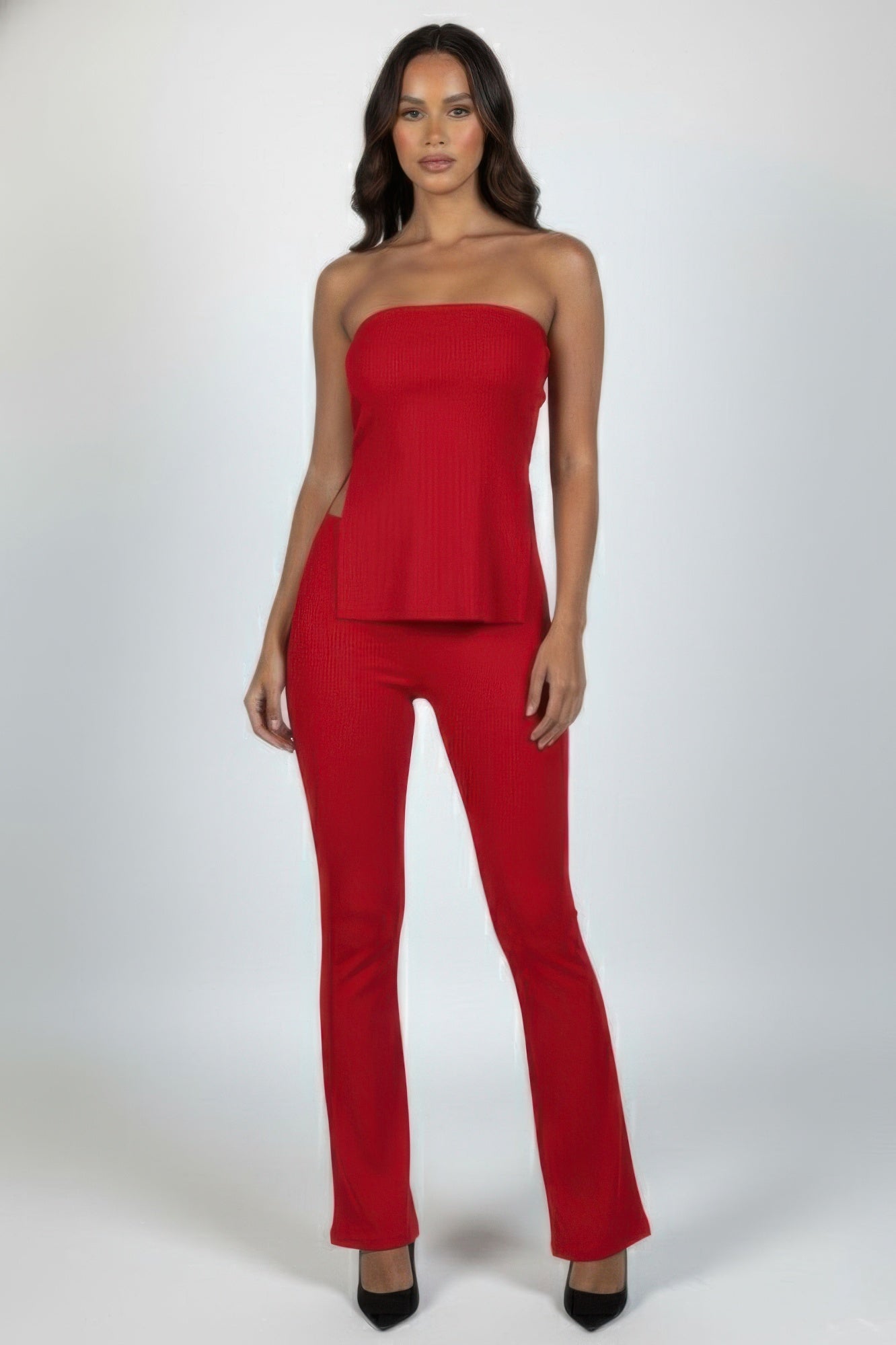 Ribbed Slit Tube Top & High - waist Flare Pants Set - ZumBuys