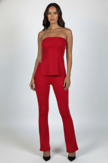 Ribbed Slit Tube Top & High - waist Flare Pants Set - ZumBuys