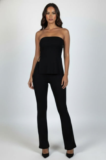 Ribbed Slit Tube Top & High - waist Flare Pants Set - ZumBuys
