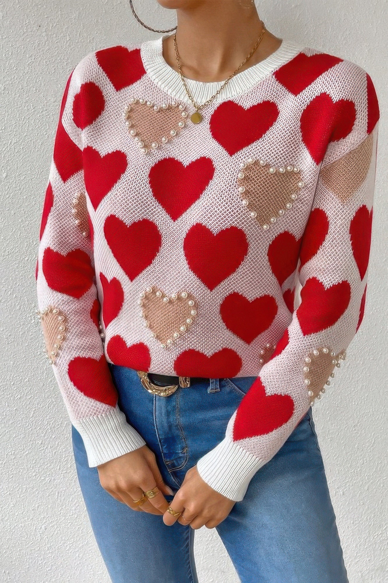 Round Neck Heart Shape Pearl Beads Knit Sweater - ZumBuys