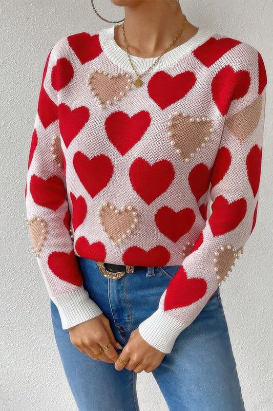 Round Neck Heart Shape Pearl Beads Knit Sweater - ZumBuys