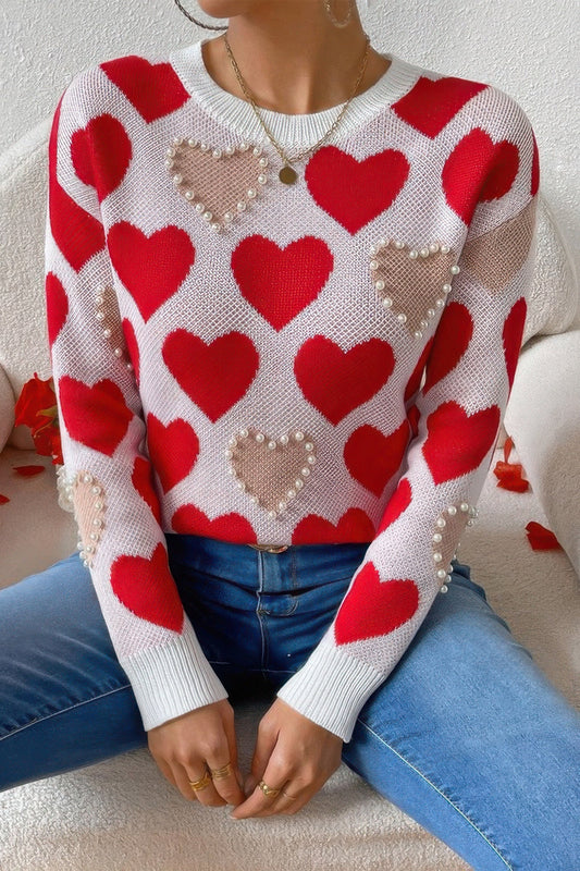 Round Neck Heart Shape Pearl Beads Knit Sweater - ZumBuys