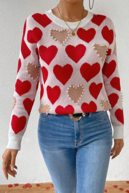 Round Neck Heart Shape Pearl Beads Knit Sweater - ZumBuys