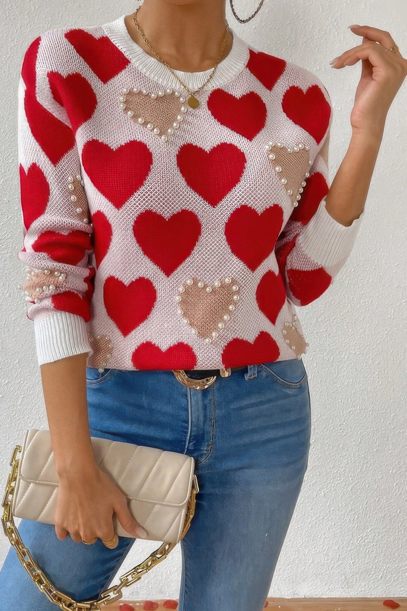 Round Neck Heart Shape Pearl Beads Knit Sweater - ZumBuys