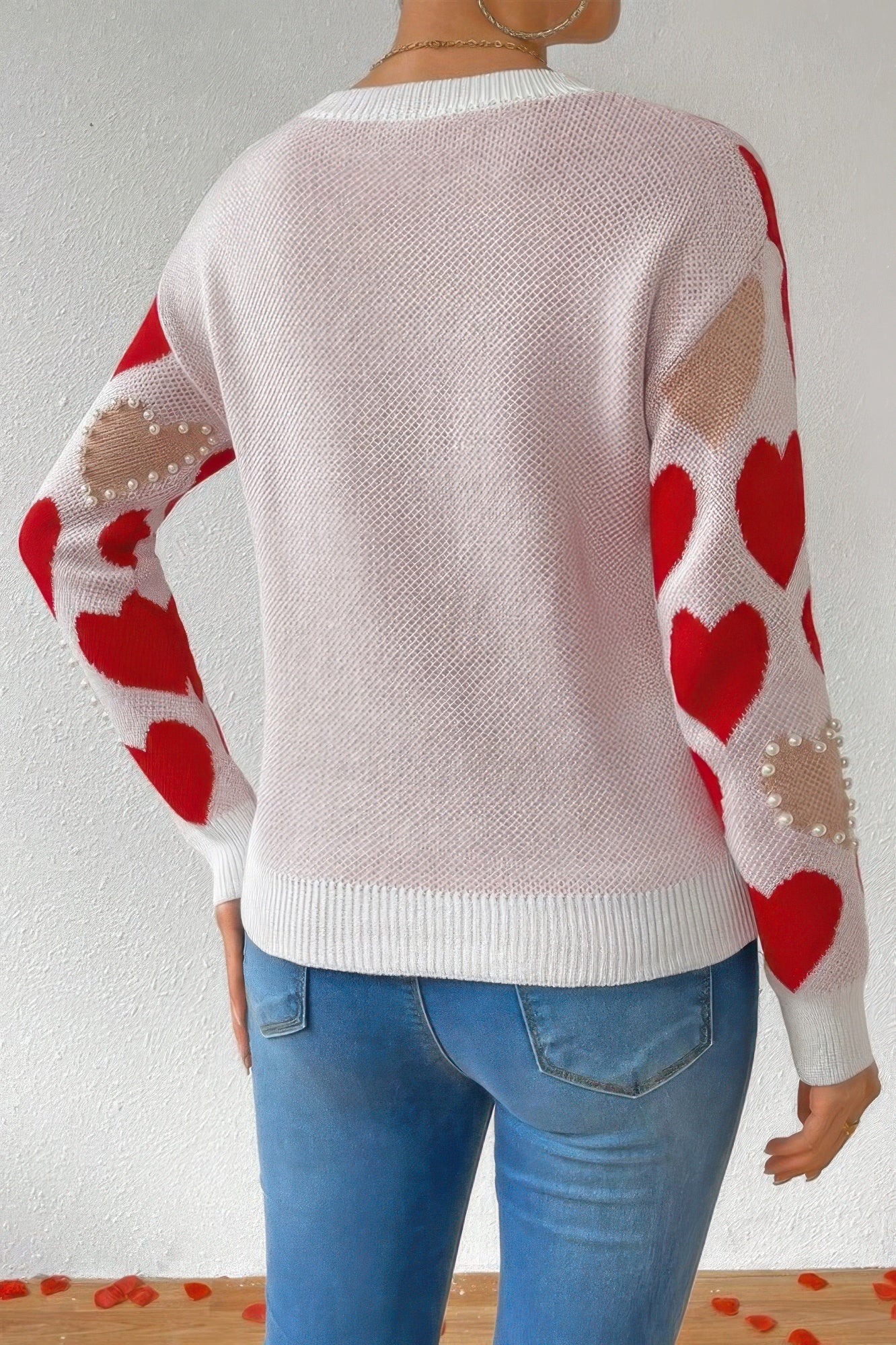 Round Neck Heart Shape Pearl Beads Knit Sweater - ZumBuys