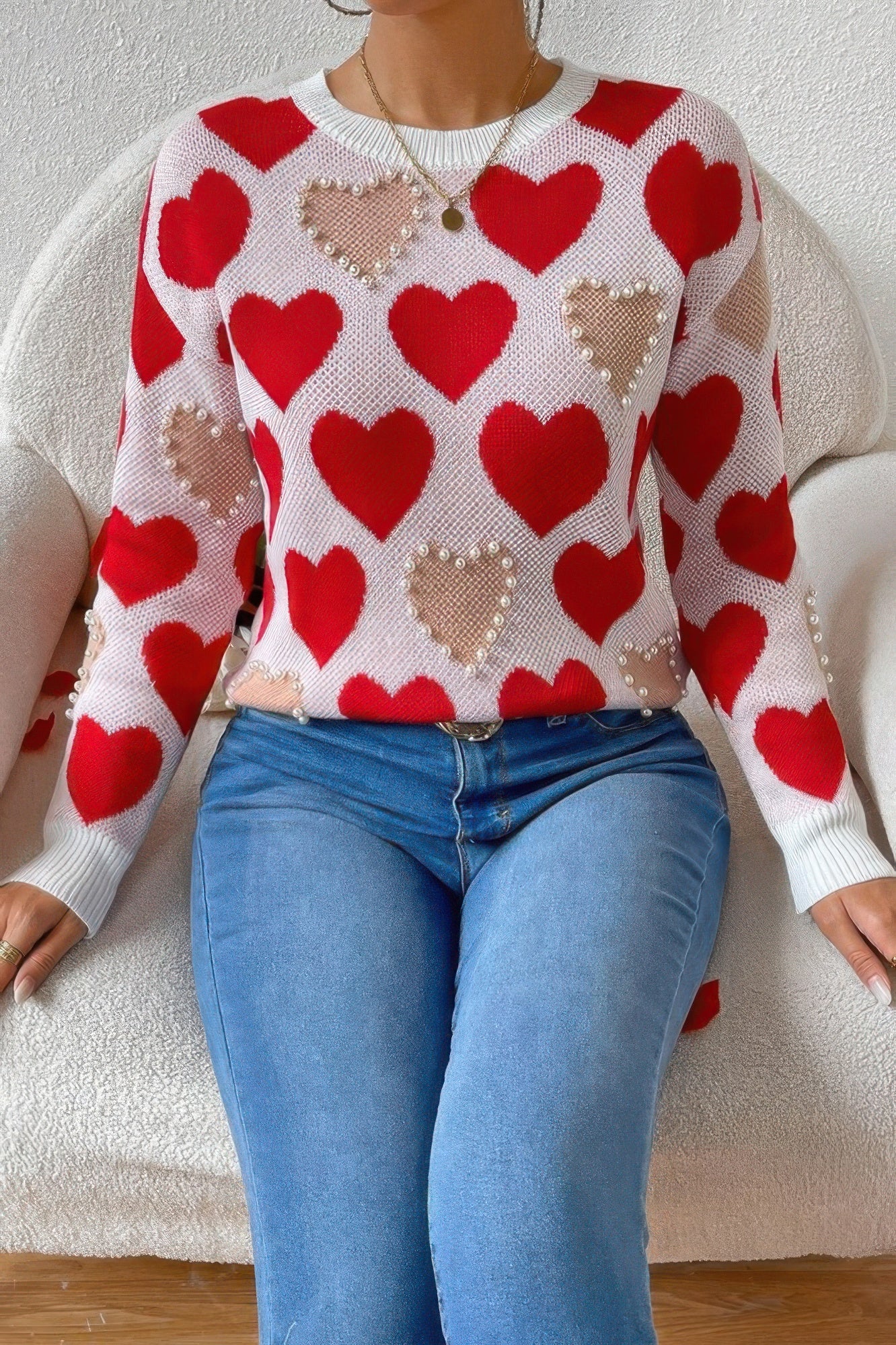 Round Neck Heart Shape Pearl Beads Knit Sweater - ZumBuys
