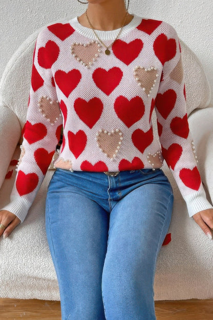 Round Neck Heart Shape Pearl Beads Knit Sweater - ZumBuys
