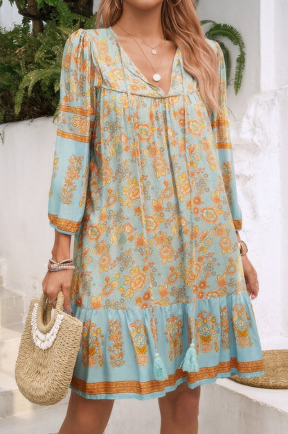 Ruched Bohe Print V Neck Ruffle Hem Tassel Dress - ZumBuys
