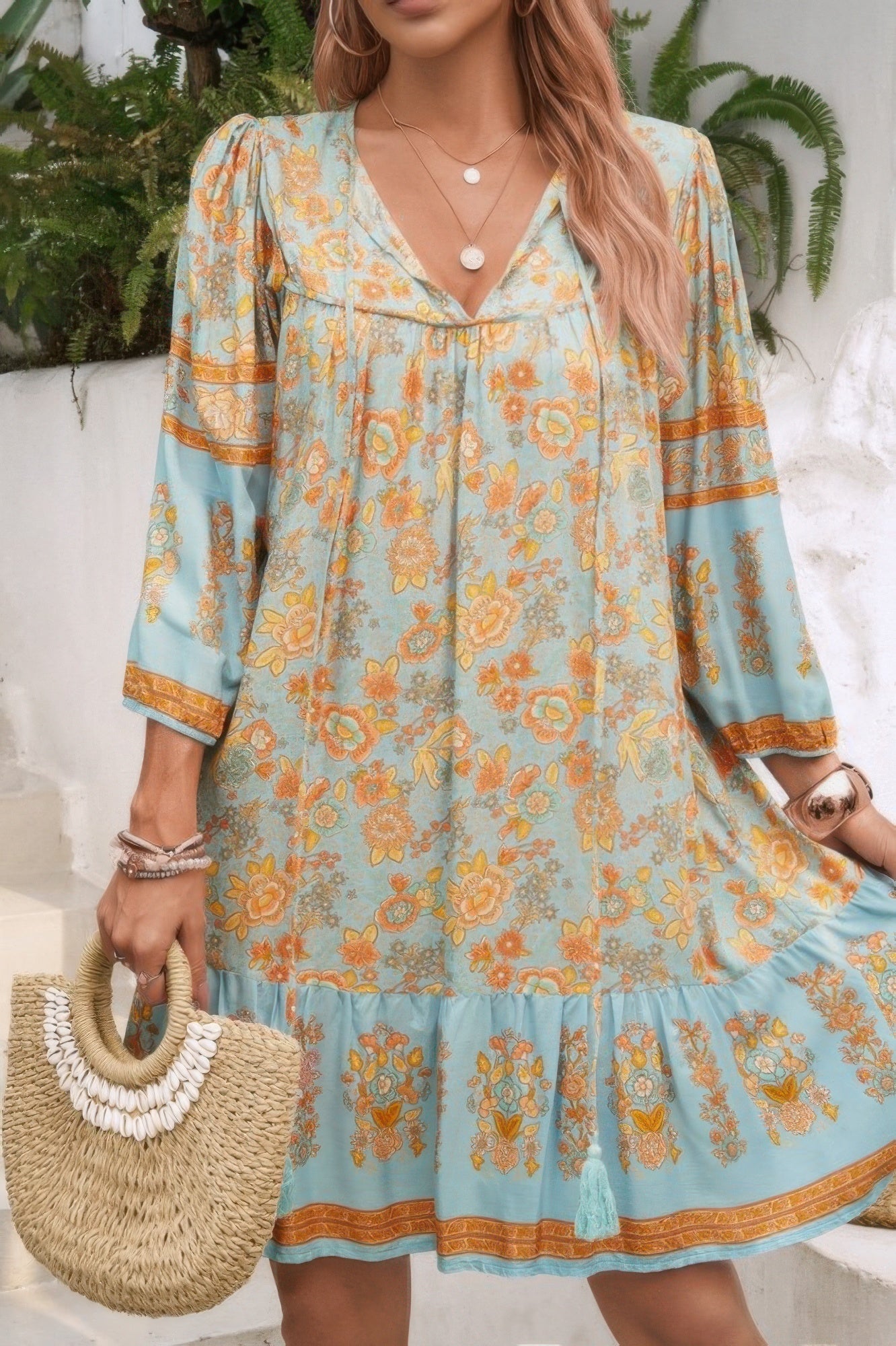 Ruched Bohe Print V Neck Ruffle Hem Tassel Dress - ZumBuys