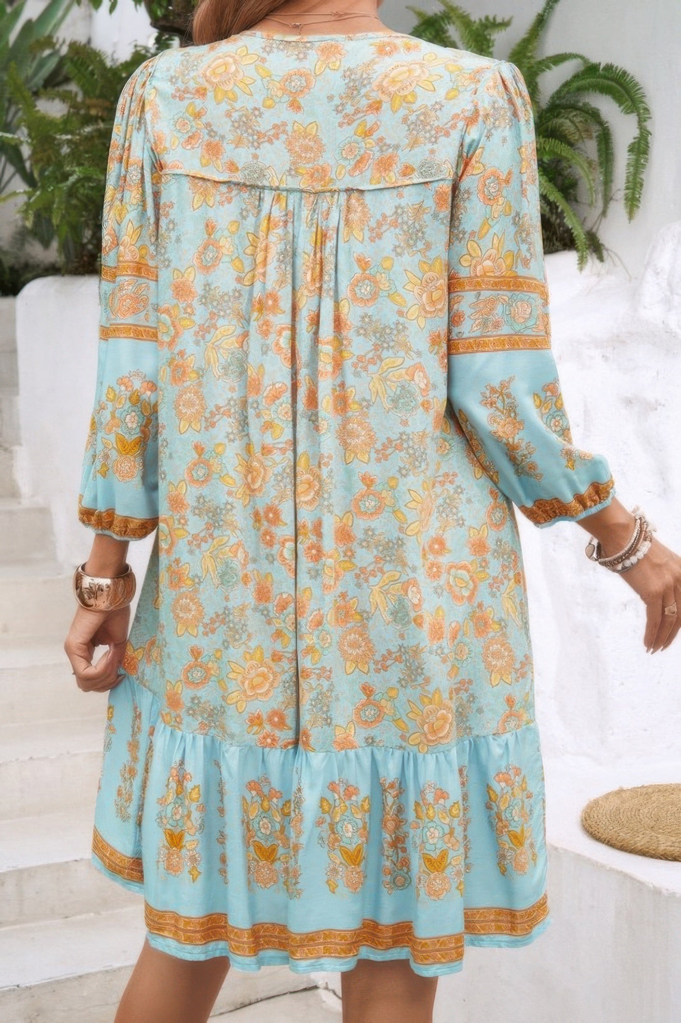 Ruched Bohe Print V Neck Ruffle Hem Tassel Dress - ZumBuys