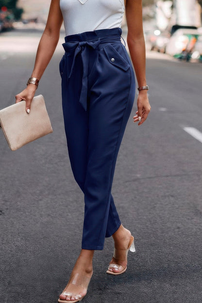 Ruffle Belt Pocket Solid Skinny Pants - ZumBuys